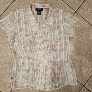 Lauren Ralph Lauren Women's Floral Plaid Blouse - White, Pink and Blue, Size 8